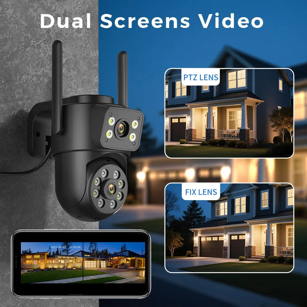 Détails de la caméra Wifi extérieure 4K avec double écran, parfaite pour la détection humaine.