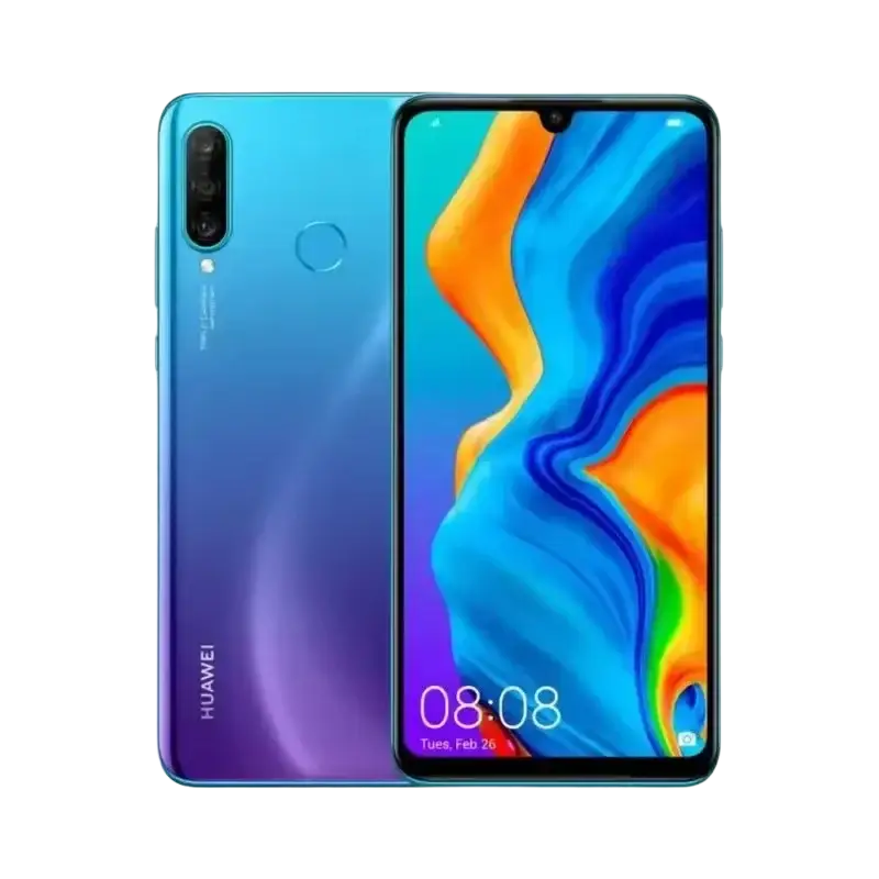 Un smartphone dégradé bleu et violet doté d’un triple appareil photo et d’un écran à encoche en forme de goutte d’eau.