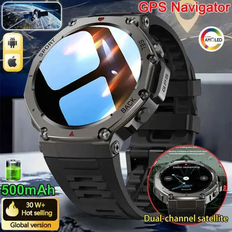Une montre intelligente robuste noire avec un écran réfléchissant, navigation GPS, connectivité satellite à double canal, batterie de 500 mAh et un écran AMOLED, compatible avec les appareils Android et Apple.