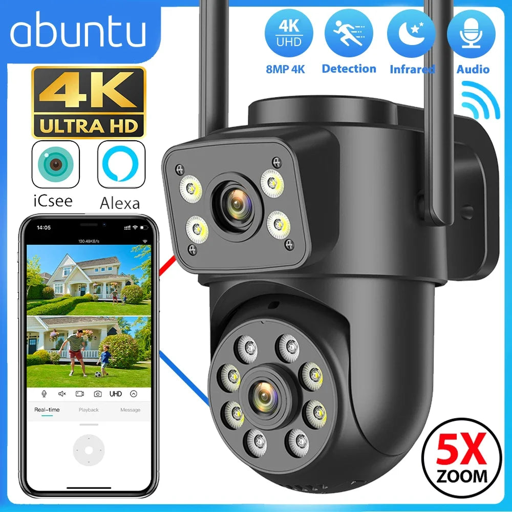 Caméra Wifi extérieure 4K d'8MP avec double objectif, idéale pour la surveillance nocturne, modèle noir.