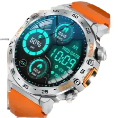 Montre connectée argentée avec un bracelet orange et un affichage numérique montrant l'heure, la date, les pas, les calories et le pourcentage de batterie.