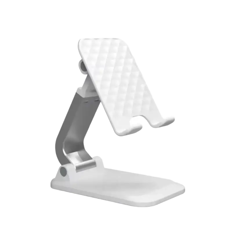 Support de téléphone pliable réglable blanc avec plaque arrière texturée.