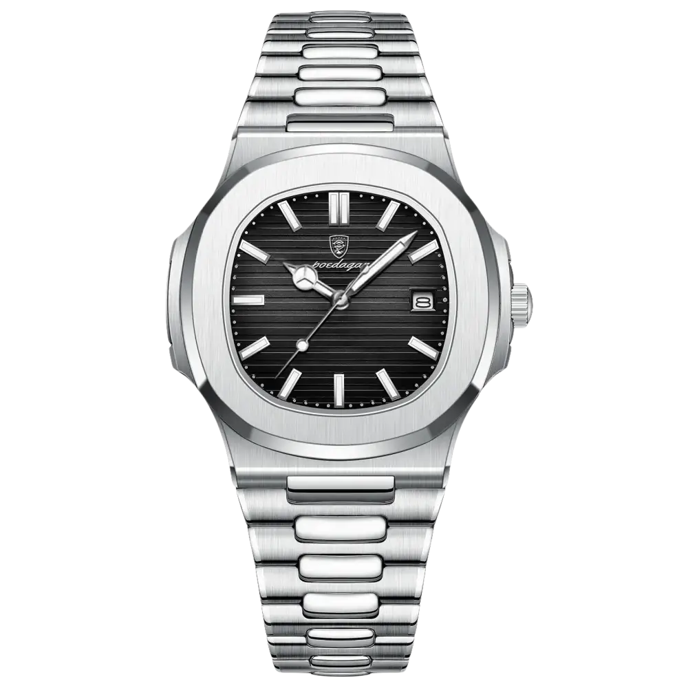 Montre pour homme de couleur argentée avec cadran noir et affichage de la date.