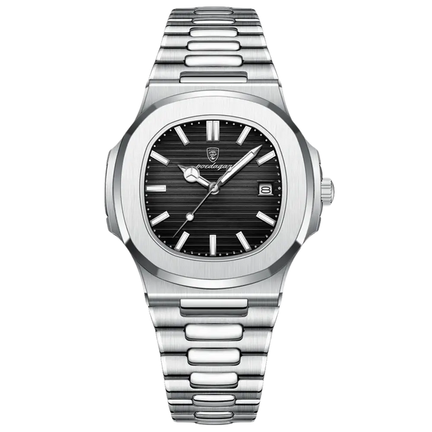Montre pour homme de couleur argentée avec cadran noir et affichage de la date.