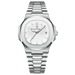Montre en acier inoxydable de couleur argentée avec cadran blanc texturé et affichage de la date.