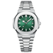 Montre-bracelet en acier inoxydable de couleur argentée avec un cadran à rayures horizontales vertes et un guichet de date.