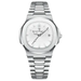 Une montre-bracelet élégante en acier inoxydable de couleur argentée avec un cadran blanc et un affichage de la date.