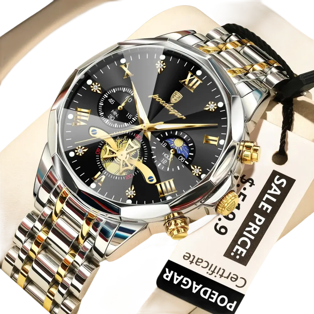 Montre chronographe noir et or avec complication phase de lune et bracelet en métal bicolore.